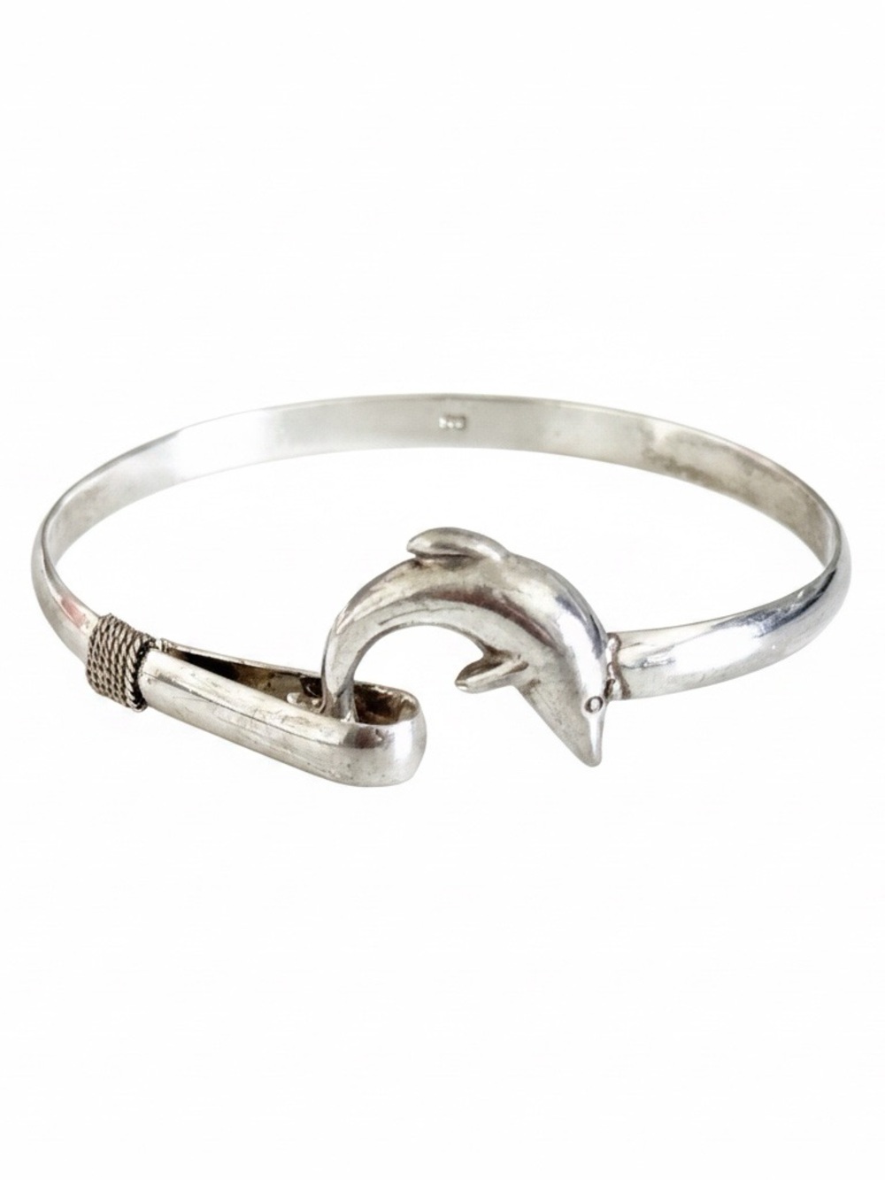 Vintage 925 Sterling Silver Dolphin Hinged Hook and Eye Bangle Bracelet